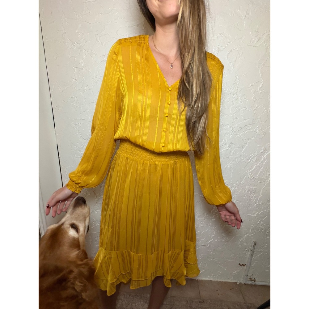 Nanette Lepore Yellow Gold Metallic Stripe Smocked High Low Midi Dress 10